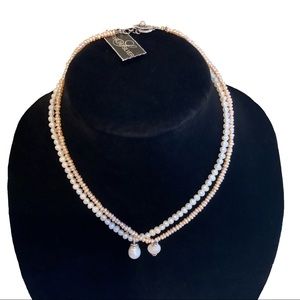 NWOT Sterling Silver & Faux Peach Pearl Necklace with Crystal Accent Pen…